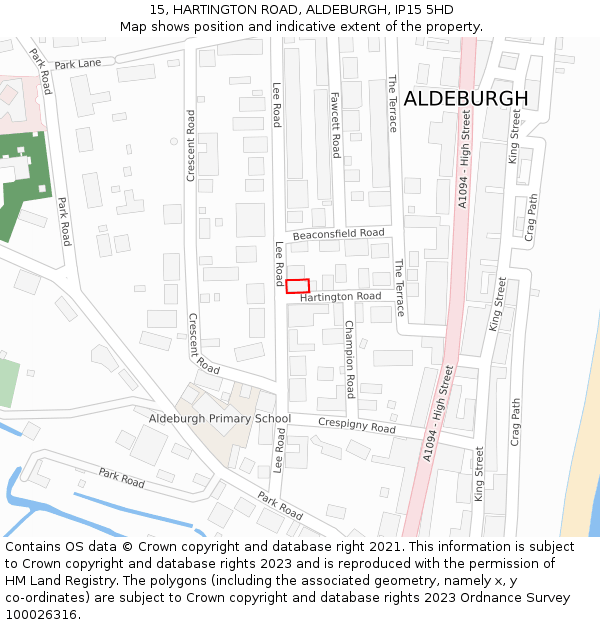 15, HARTINGTON ROAD, ALDEBURGH, IP15 5HD: Location map and indicative extent of plot