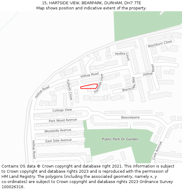 15, HARTSIDE VIEW, BEARPARK, DURHAM, DH7 7TE: Location map and indicative extent of plot