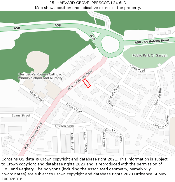 15, HARVARD GROVE, PRESCOT, L34 6LD: Location map and indicative extent of plot