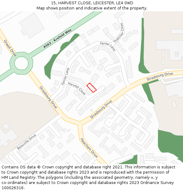 15, HARVEST CLOSE, LEICESTER, LE4 0WD: Location map and indicative extent of plot