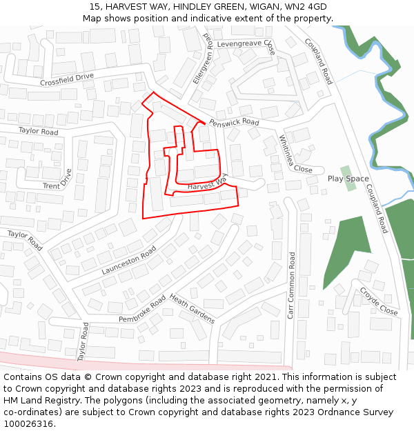 15, HARVEST WAY, HINDLEY GREEN, WIGAN, WN2 4GD: Location map and indicative extent of plot