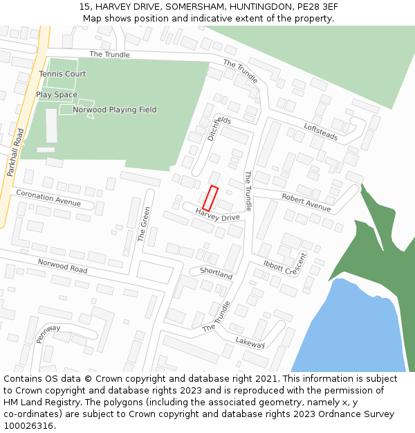 15, HARVEY DRIVE, SOMERSHAM, HUNTINGDON, PE28 3EF: Location map and indicative extent of plot
