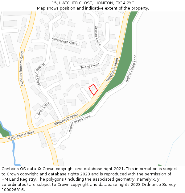 15, HATCHER CLOSE, HONITON, EX14 2YG: Location map and indicative extent of plot