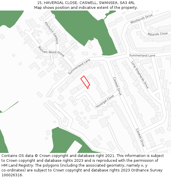 15, HAVERGAL CLOSE, CASWELL, SWANSEA, SA3 4RL: Location map and indicative extent of plot