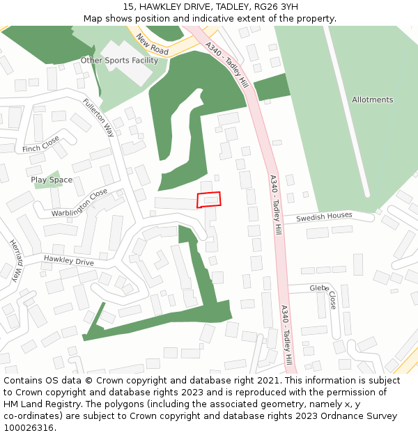 15, HAWKLEY DRIVE, TADLEY, RG26 3YH: Location map and indicative extent of plot