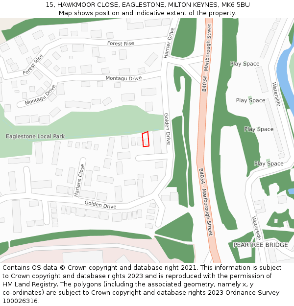 15, HAWKMOOR CLOSE, EAGLESTONE, MILTON KEYNES, MK6 5BU: Location map and indicative extent of plot