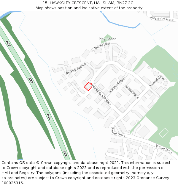 15, HAWKSLEY CRESCENT, HAILSHAM, BN27 3GH: Location map and indicative extent of plot