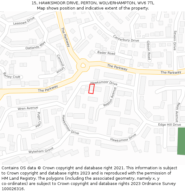 15, HAWKSMOOR DRIVE, PERTON, WOLVERHAMPTON, WV6 7TL: Location map and indicative extent of plot