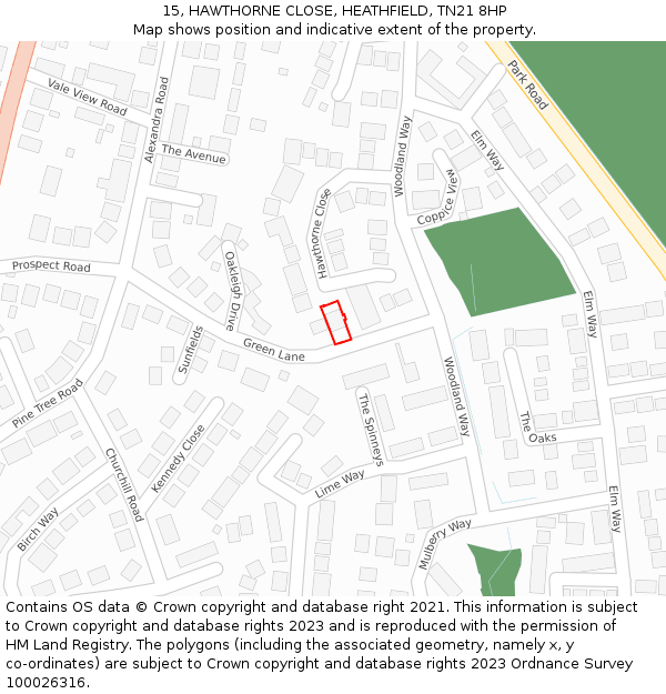 15, HAWTHORNE CLOSE, HEATHFIELD, TN21 8HP: Location map and indicative extent of plot