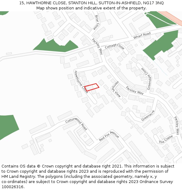 15, HAWTHORNE CLOSE, STANTON HILL, SUTTON-IN-ASHFIELD, NG17 3NQ: Location map and indicative extent of plot