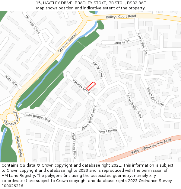 15, HAYELEY DRIVE, BRADLEY STOKE, BRISTOL, BS32 8AE: Location map and indicative extent of plot