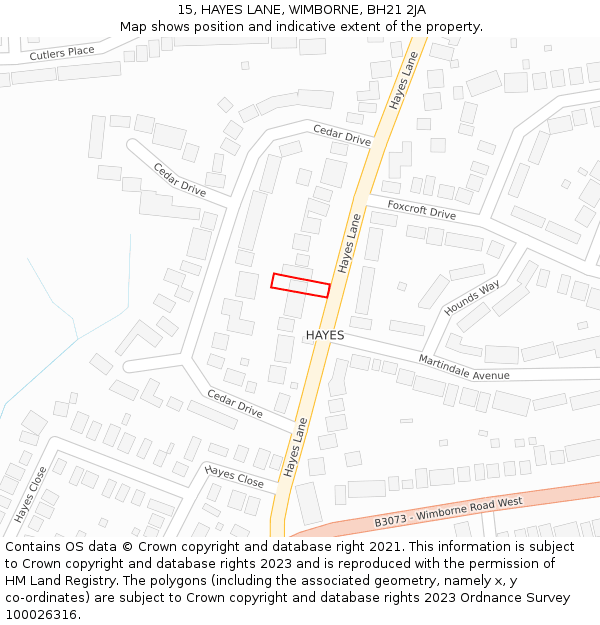 15, HAYES LANE, WIMBORNE, BH21 2JA: Location map and indicative extent of plot