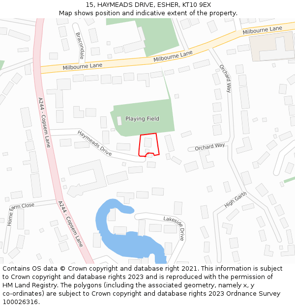 15, HAYMEADS DRIVE, ESHER, KT10 9EX: Location map and indicative extent of plot