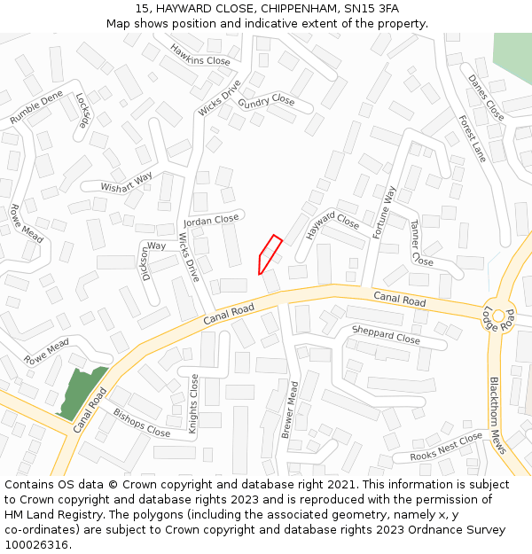 15, HAYWARD CLOSE, CHIPPENHAM, SN15 3FA: Location map and indicative extent of plot
