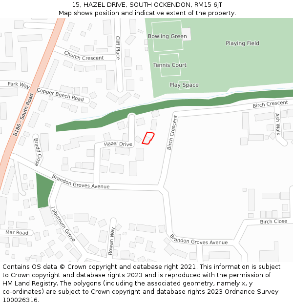 15, HAZEL DRIVE, SOUTH OCKENDON, RM15 6JT: Location map and indicative extent of plot