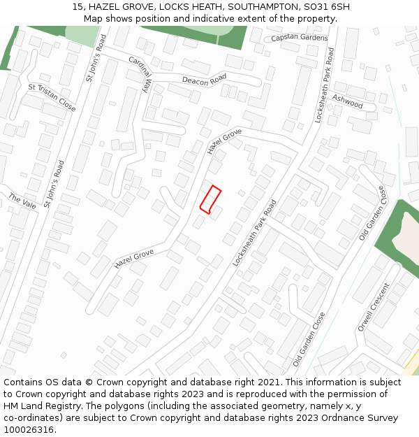 15, HAZEL GROVE, LOCKS HEATH, SOUTHAMPTON, SO31 6SH: Location map and indicative extent of plot