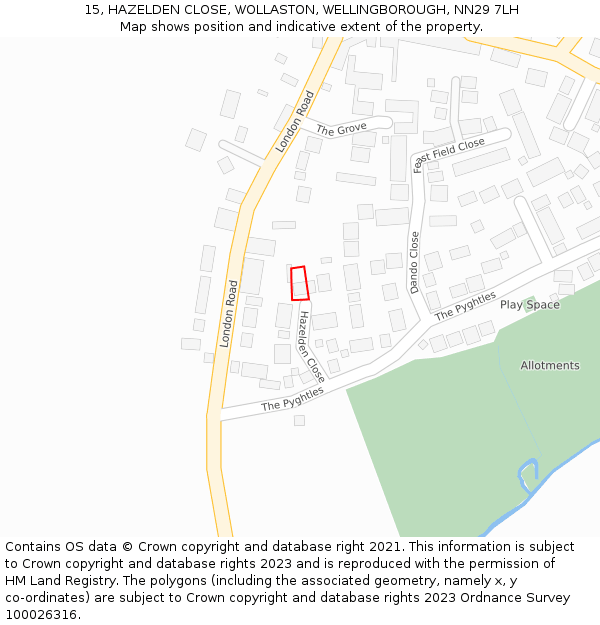 15, HAZELDEN CLOSE, WOLLASTON, WELLINGBOROUGH, NN29 7LH: Location map and indicative extent of plot