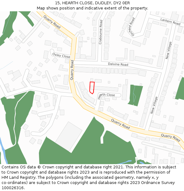 15, HEARTH CLOSE, DUDLEY, DY2 0ER: Location map and indicative extent of plot