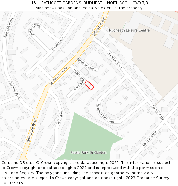 15, HEATHCOTE GARDENS, RUDHEATH, NORTHWICH, CW9 7JB: Location map and indicative extent of plot