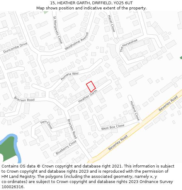 15, HEATHER GARTH, DRIFFIELD, YO25 6UT: Location map and indicative extent of plot
