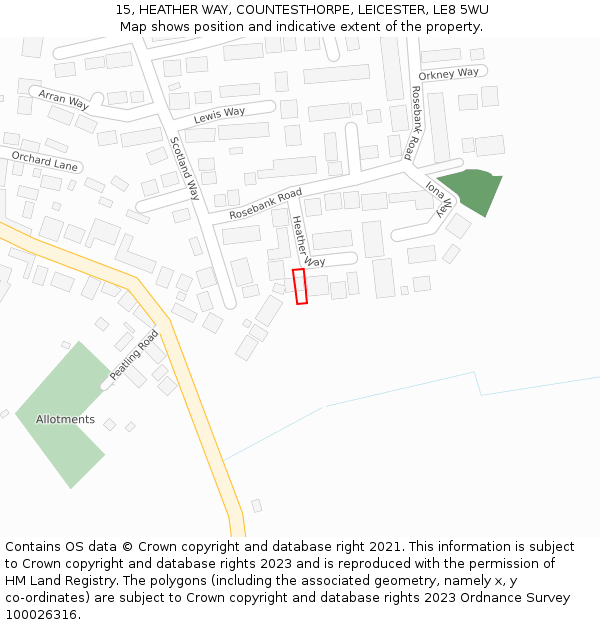 15, HEATHER WAY, COUNTESTHORPE, LEICESTER, LE8 5WU: Location map and indicative extent of plot