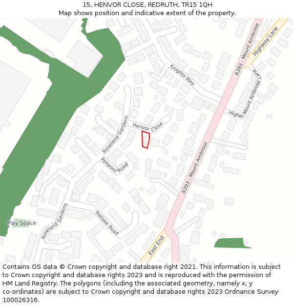15, HENVOR CLOSE, REDRUTH, TR15 1QH: Location map and indicative extent of plot