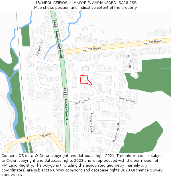 15, HEOL CEIRIOS, LLANDYBIE, AMMANFORD, SA18 2SR: Location map and indicative extent of plot