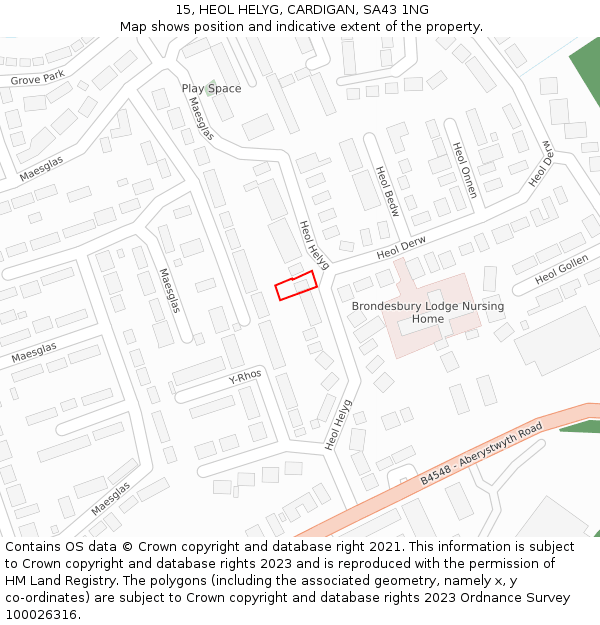 15, HEOL HELYG, CARDIGAN, SA43 1NG: Location map and indicative extent of plot