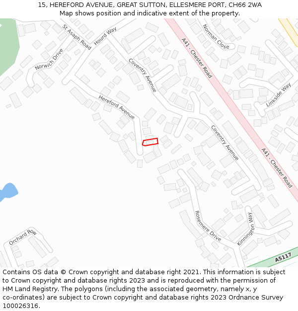 15, HEREFORD AVENUE, GREAT SUTTON, ELLESMERE PORT, CH66 2WA: Location map and indicative extent of plot