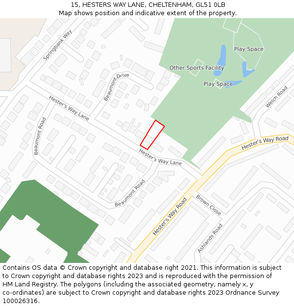 15, HESTERS WAY LANE, CHELTENHAM, GL51 0LB: Location map and indicative extent of plot
