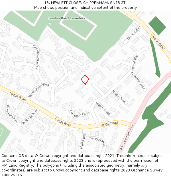 15, HEWLETT CLOSE, CHIPPENHAM, SN15 3TL: Location map and indicative extent of plot