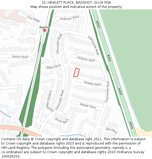 15, HEWLETT PLACE, BAGSHOT, GU19 5NA: Location map and indicative extent of plot