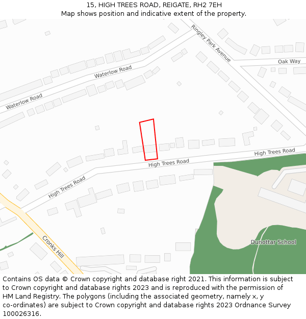 15, HIGH TREES ROAD, REIGATE, RH2 7EH: Location map and indicative extent of plot