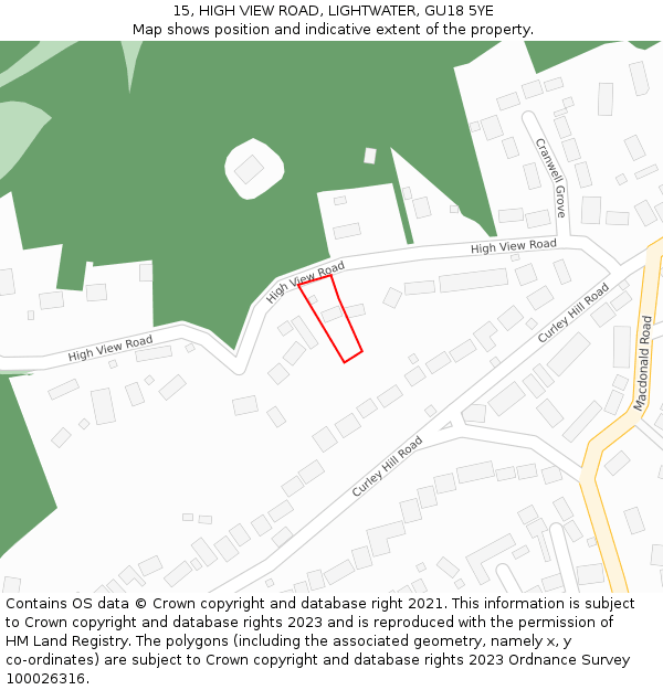 15, HIGH VIEW ROAD, LIGHTWATER, GU18 5YE: Location map and indicative extent of plot