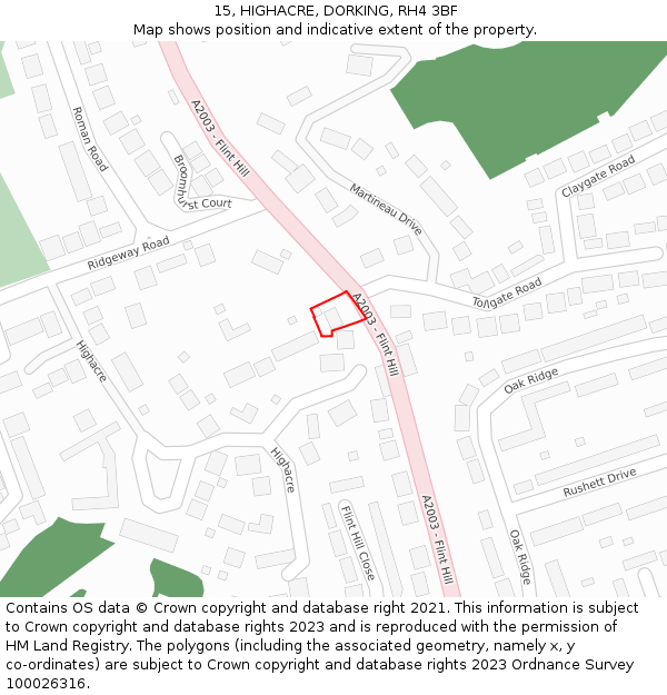 15, HIGHACRE, DORKING, RH4 3BF: Location map and indicative extent of plot