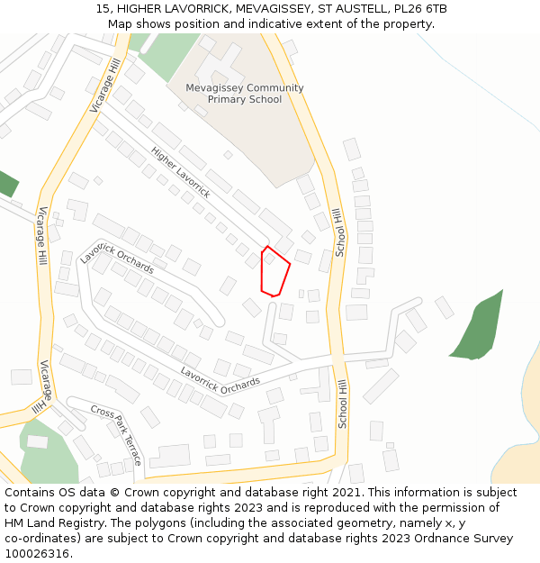 15, HIGHER LAVORRICK, MEVAGISSEY, ST AUSTELL, PL26 6TB: Location map and indicative extent of plot