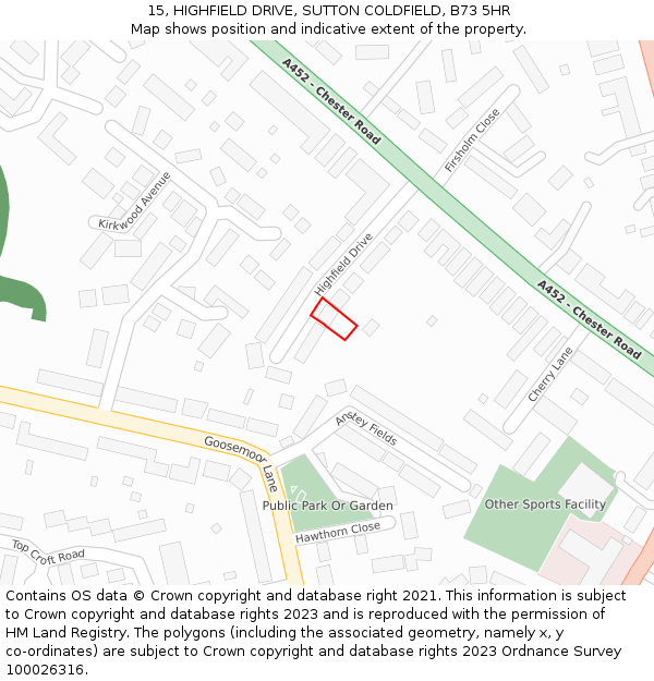 15, HIGHFIELD DRIVE, SUTTON COLDFIELD, B73 5HR: Location map and indicative extent of plot