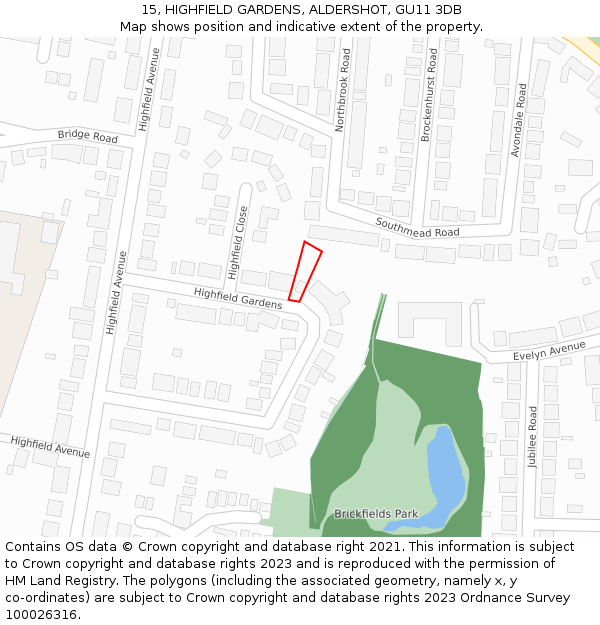 15, HIGHFIELD GARDENS, ALDERSHOT, GU11 3DB: Location map and indicative extent of plot