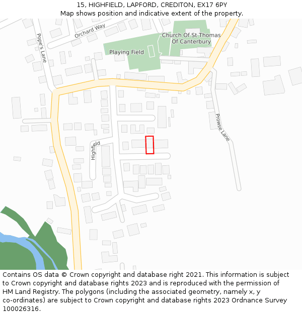 15, HIGHFIELD, LAPFORD, CREDITON, EX17 6PY: Location map and indicative extent of plot