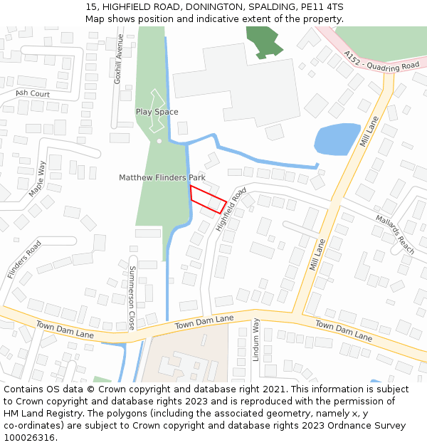 15, HIGHFIELD ROAD, DONINGTON, SPALDING, PE11 4TS: Location map and indicative extent of plot