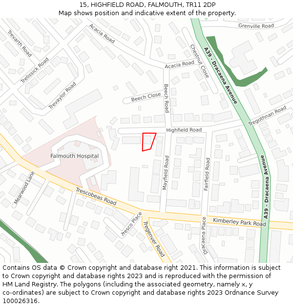 15, HIGHFIELD ROAD, FALMOUTH, TR11 2DP: Location map and indicative extent of plot