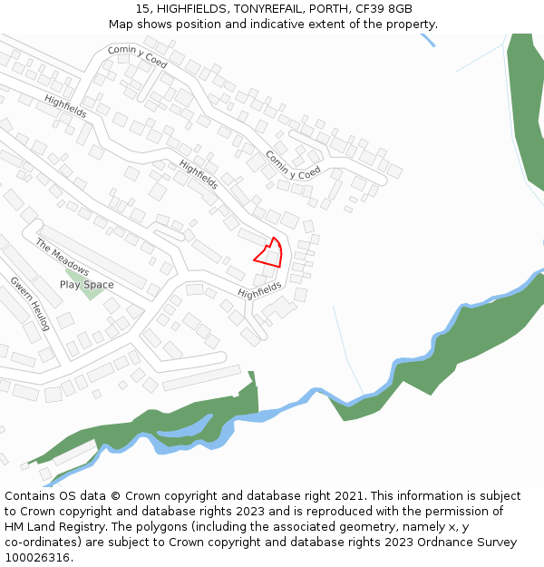 15, HIGHFIELDS, TONYREFAIL, PORTH, CF39 8GB: Location map and indicative extent of plot