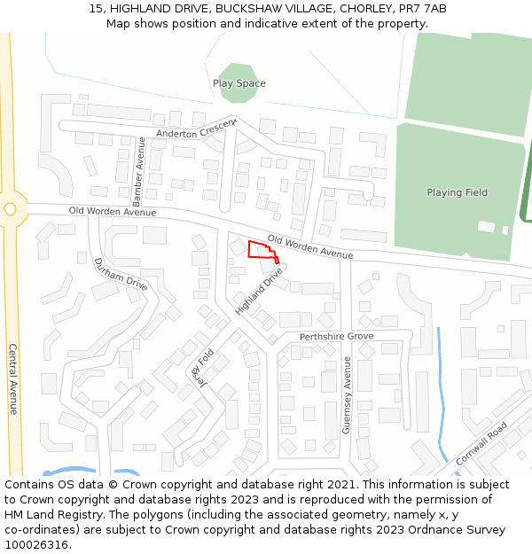 15, HIGHLAND DRIVE, BUCKSHAW VILLAGE, CHORLEY, PR7 7AB: Location map and indicative extent of plot