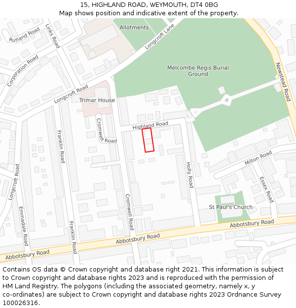 15, HIGHLAND ROAD, WEYMOUTH, DT4 0BG: Location map and indicative extent of plot