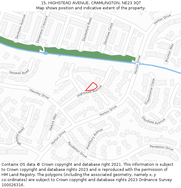 15, HIGHSTEAD AVENUE, CRAMLINGTON, NE23 3QT: Location map and indicative extent of plot