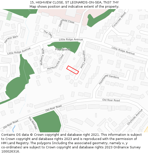 15, HIGHVIEW CLOSE, ST LEONARDS-ON-SEA, TN37 7HY: Location map and indicative extent of plot