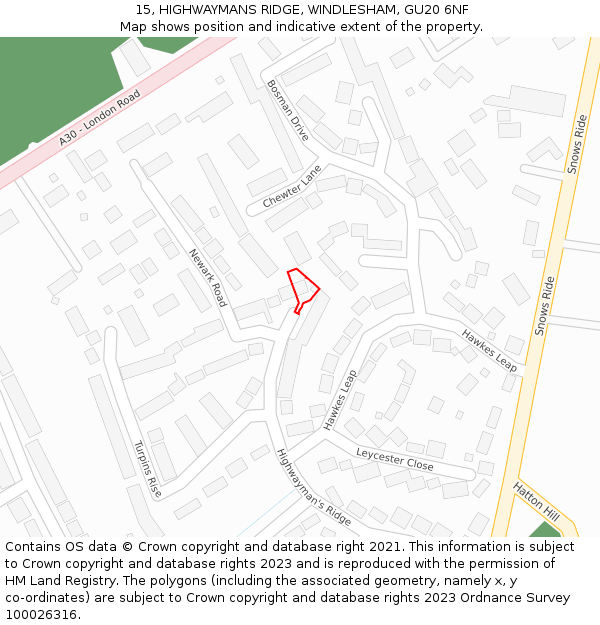 15, HIGHWAYMANS RIDGE, WINDLESHAM, GU20 6NF: Location map and indicative extent of plot