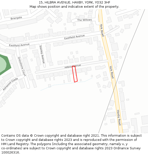 15, HILBRA AVENUE, HAXBY, YORK, YO32 3HF: Location map and indicative extent of plot