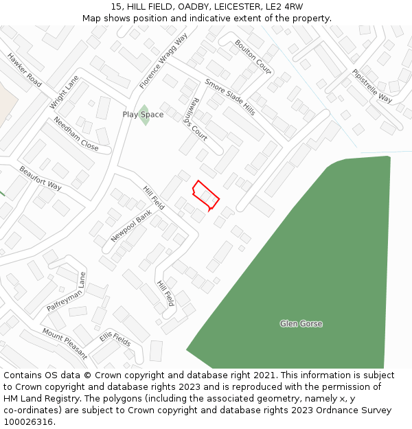 15, HILL FIELD, OADBY, LEICESTER, LE2 4RW: Location map and indicative extent of plot