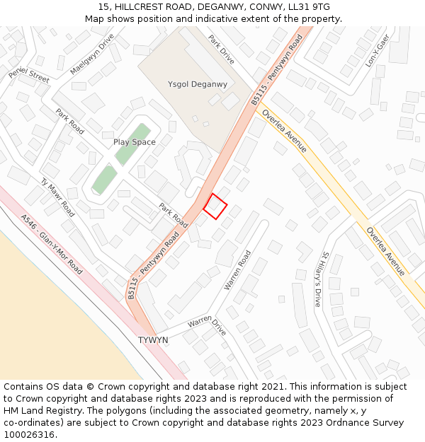 15, HILLCREST ROAD, DEGANWY, CONWY, LL31 9TG: Location map and indicative extent of plot